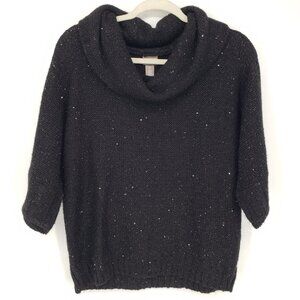 Chico's Metallic Silver Sequin Cowl Neck Sweater M Relaxed Fit Holiday Black